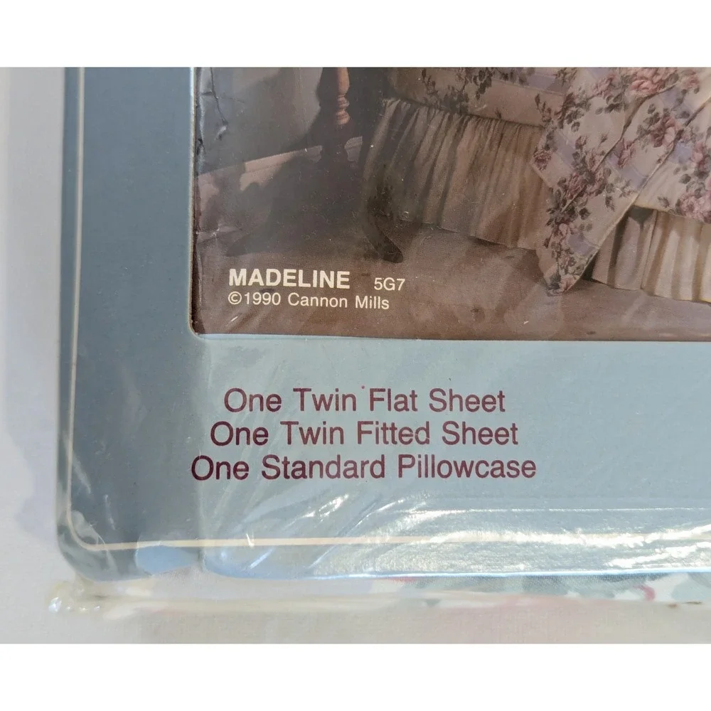 VTG Cannon Monticello Madeline 3 Pc Twin Sheet Set Cottage Floral Blue Stripe